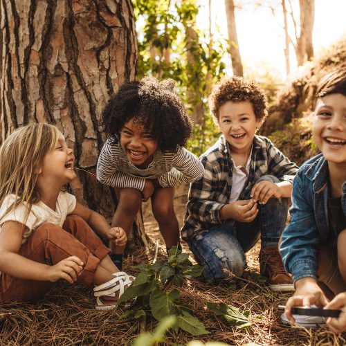 Group of cute kids sitting together in forest and looking at camera. Cute children playing in woods.